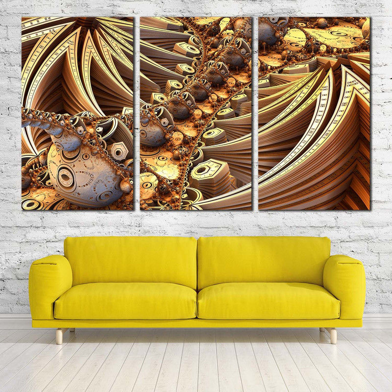 Abstract Escher Canvas Wall Art, Abstract Geometric Patterns Multi Canvas Artwork, Yellow Brown Abstract 3 Piece Canvas