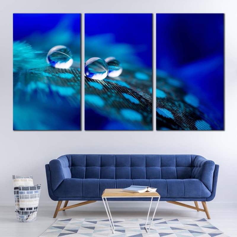 Abstract Feather Canvas Print, Green Blue Abstract Water Drop Canvas Wall Art, Close Up Droplet 3 Piece Canvas Set