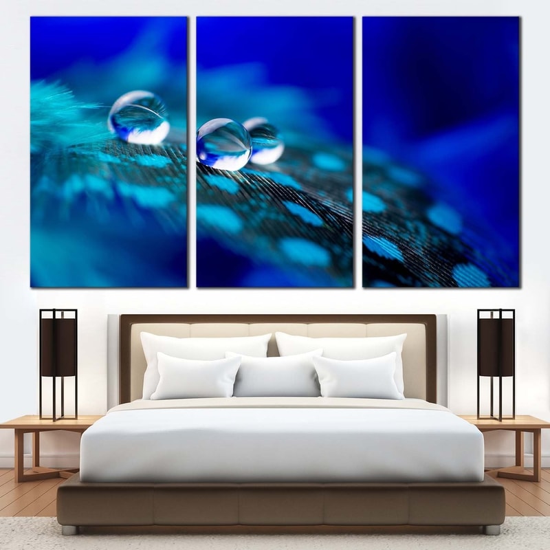 Abstract Feather Canvas Print, Green Blue Abstract Water Drop Canvas Wall Art, Close Up Droplet 3 Piece Canvas Set