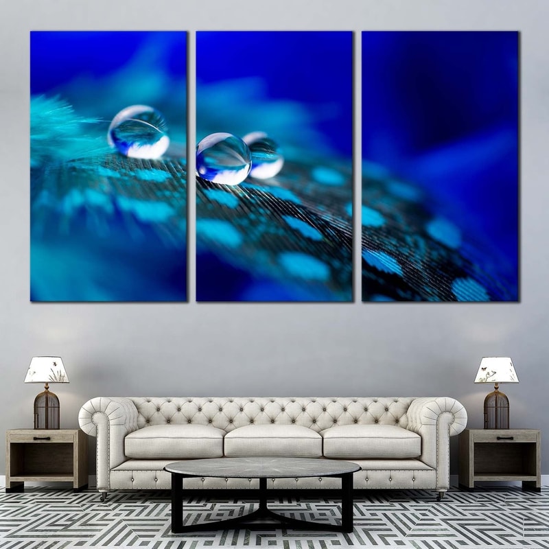 Abstract Feather Canvas Print, Green Blue Abstract Water Drop Canvas Wall Art, Close Up Droplet 3 Piece Canvas Set