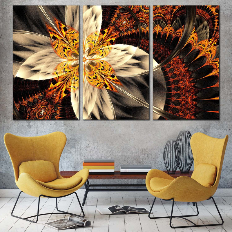 Abstract Floral Canvas Wall Art, Yellow Elegant Abstract Canvas Print, Orange Abstract Fractal Flower 3 Piece Canvas