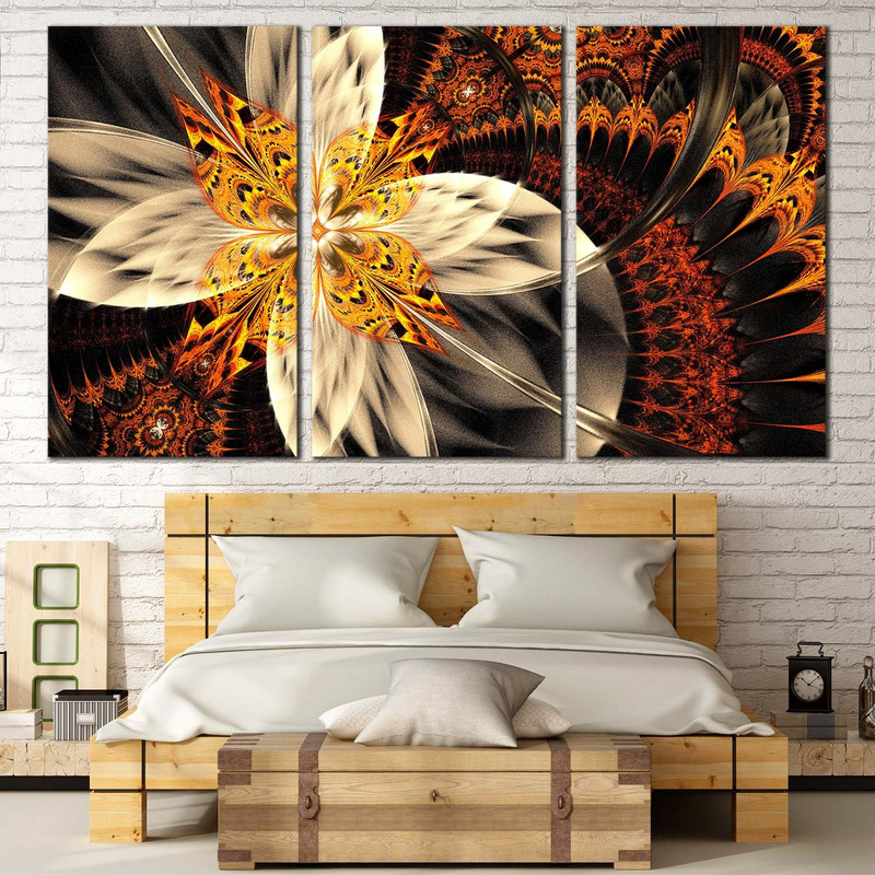 Abstract Floral Canvas Wall Art, Yellow Elegant Abstract Canvas Print, Orange Abstract Fractal Flower 3 Piece Canvas