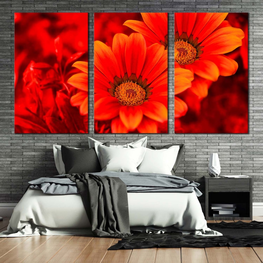Abstract Flowers Canvas Wall Art, Red Flowers Close Up 3 Piece Multiple Canvas, Beautiful Floral Canvas Print