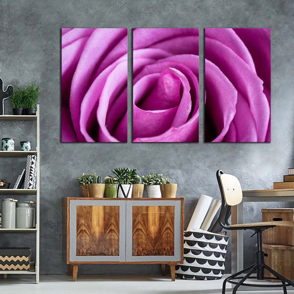 Abstract Flowers Canvas Wall Art, Purple Rose Multi Canvas Artwork, Abstract Rose Close Up 3 Piece Canvas Print