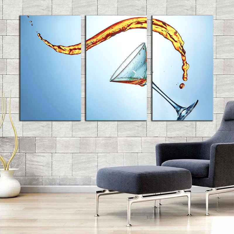 Alcohol Drink Canvas Print, Yellow Martini Liquid Splash 3 Piece Canvas Wall Art, Blue Abstract Cocktail Canvas Set