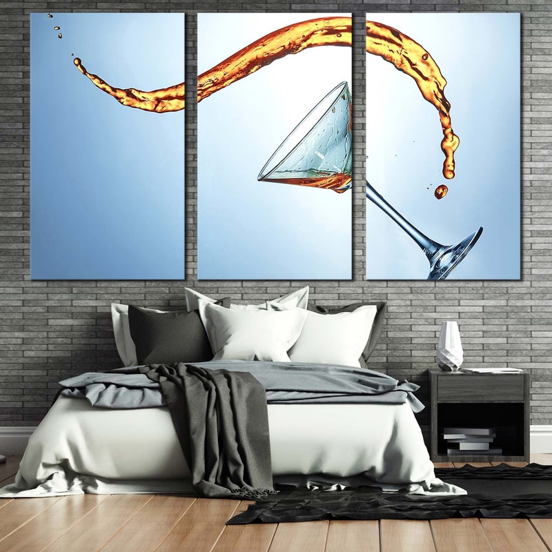 Alcohol Drink Canvas Print, Yellow Martini Liquid Splash 3 Piece Canvas Wall Art, Blue Abstract Cocktail Canvas Set