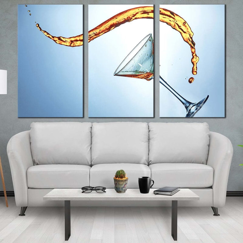 Alcohol Drink Canvas Print, Yellow Martini Liquid Splash 3 Piece Canvas Wall Art, Blue Abstract Cocktail Canvas Set