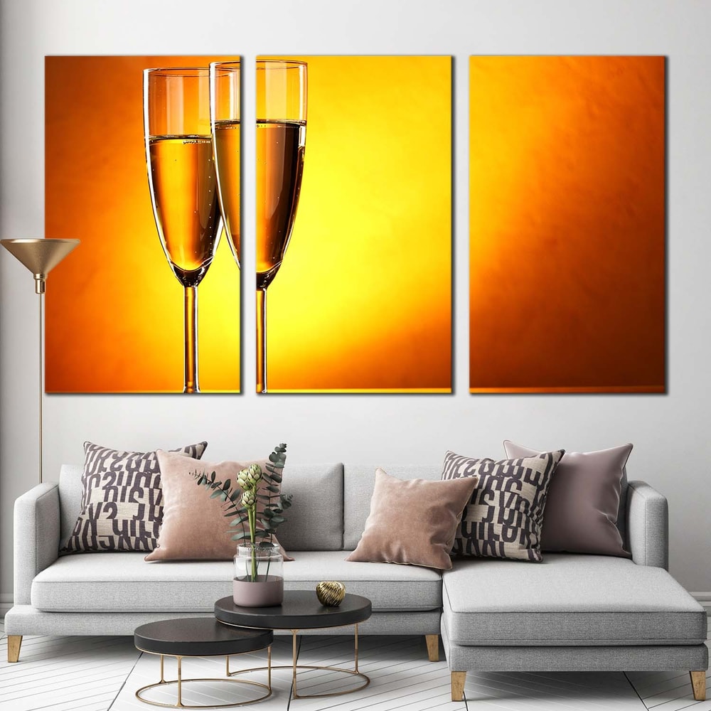 Alcohol Glasses Canvas Wall Art, Yellow Orange Champagne Glasses 3 Piece Canvas, Romantic Champagne Glasses Triptych Art