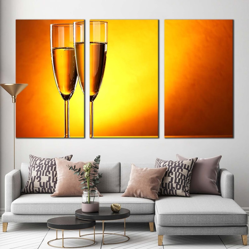 Alcohol Glasses Canvas Wall Art, Yellow Orange Champagne Glasses 3 Piece Canvas, Romantic Champagne Glasses Triptych Art