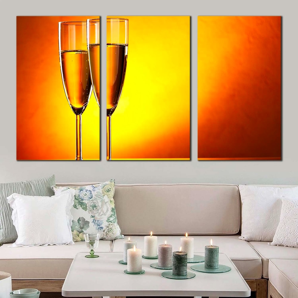 Alcohol Glasses Canvas Wall Art, Yellow Orange Champagne Glasses 3 Piece Canvas, Romantic Champagne Glasses Triptych Art