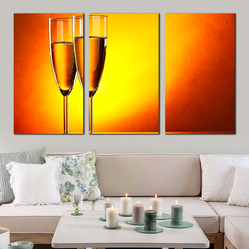 Alcohol Glasses Canvas Wall Art, Yellow Orange Champagne Glasses 3 Piece Canvas, Romantic Champagne Glasses Triptych Art