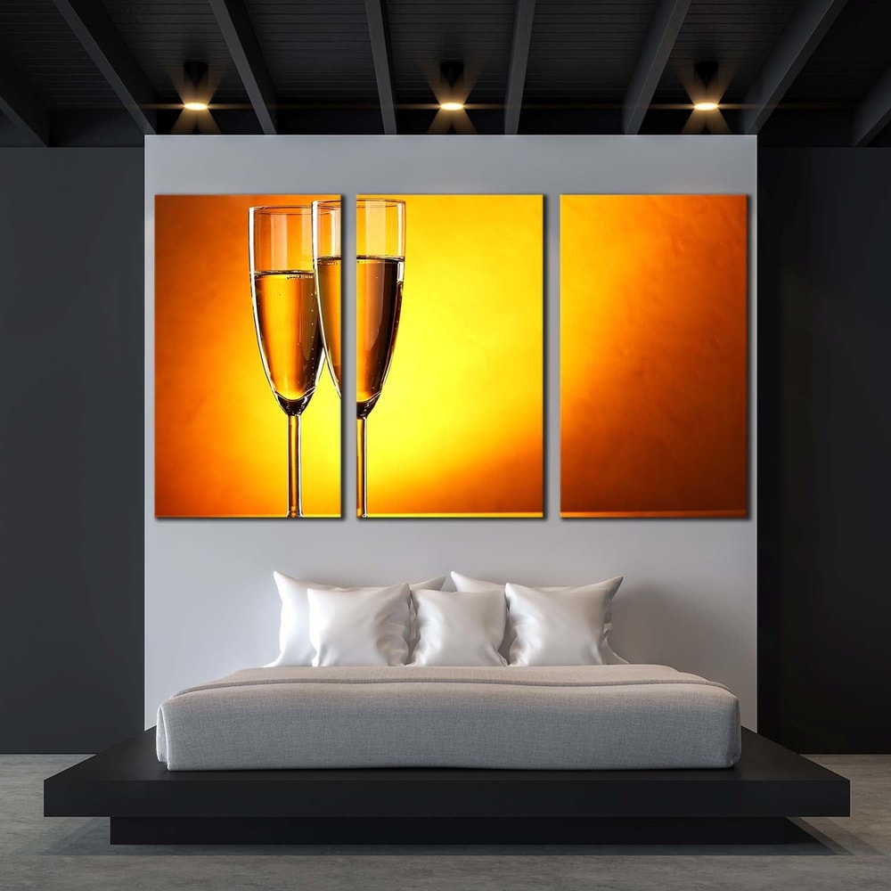 Alcohol Glasses Canvas Wall Art, Yellow Orange Champagne Glasses 3 Piece Canvas, Romantic Champagne Glasses Triptych Art