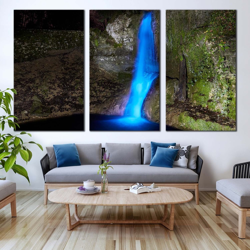 Amazing Waterfall Canvas Wall Art, Grey Stone Waterfall Nature Canvas Print, Beautiful Blue Waterfall 3 Piece Canvas