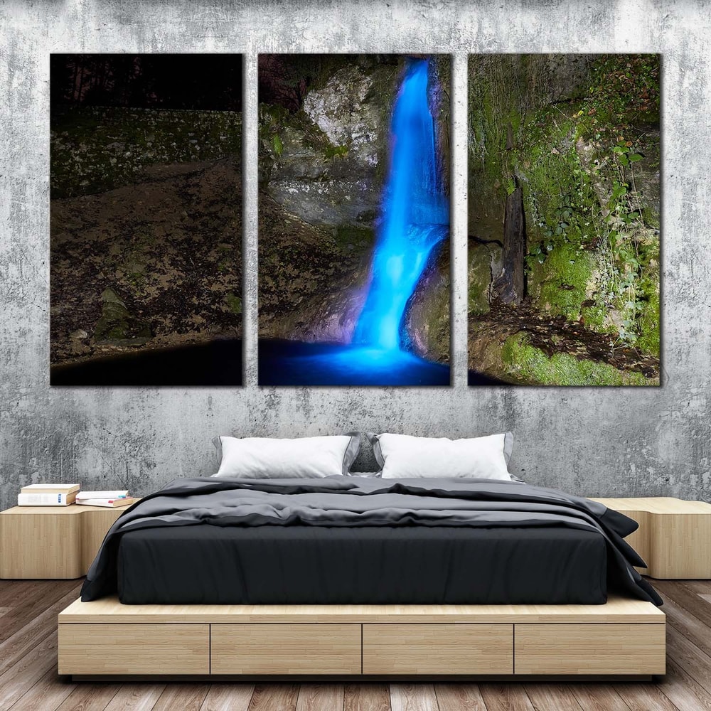 Amazing Waterfall Canvas Wall Art, Grey Stone Waterfall Nature Canvas Print, Beautiful Blue Waterfall 3 Piece Canvas