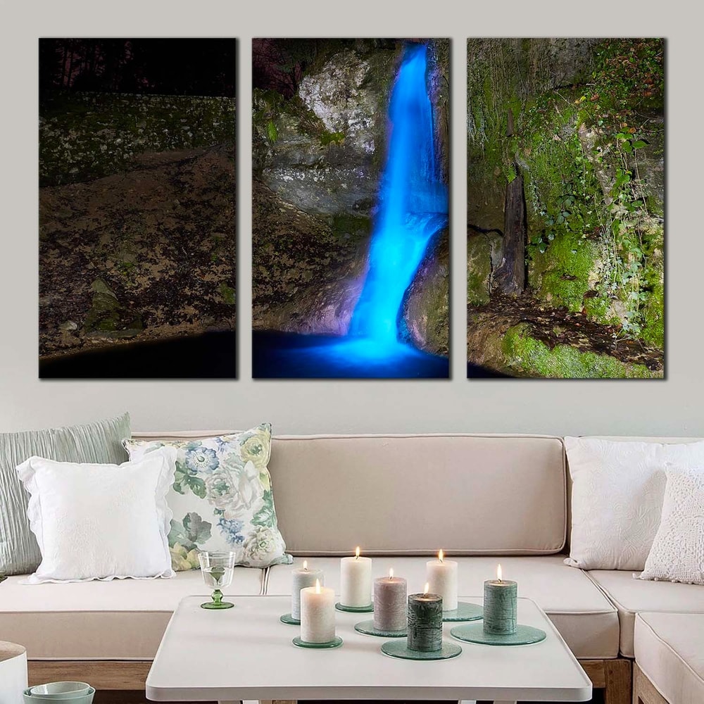 Amazing Waterfall Canvas Wall Art, Grey Stone Waterfall Nature Canvas Print, Beautiful Blue Waterfall 3 Piece Canvas