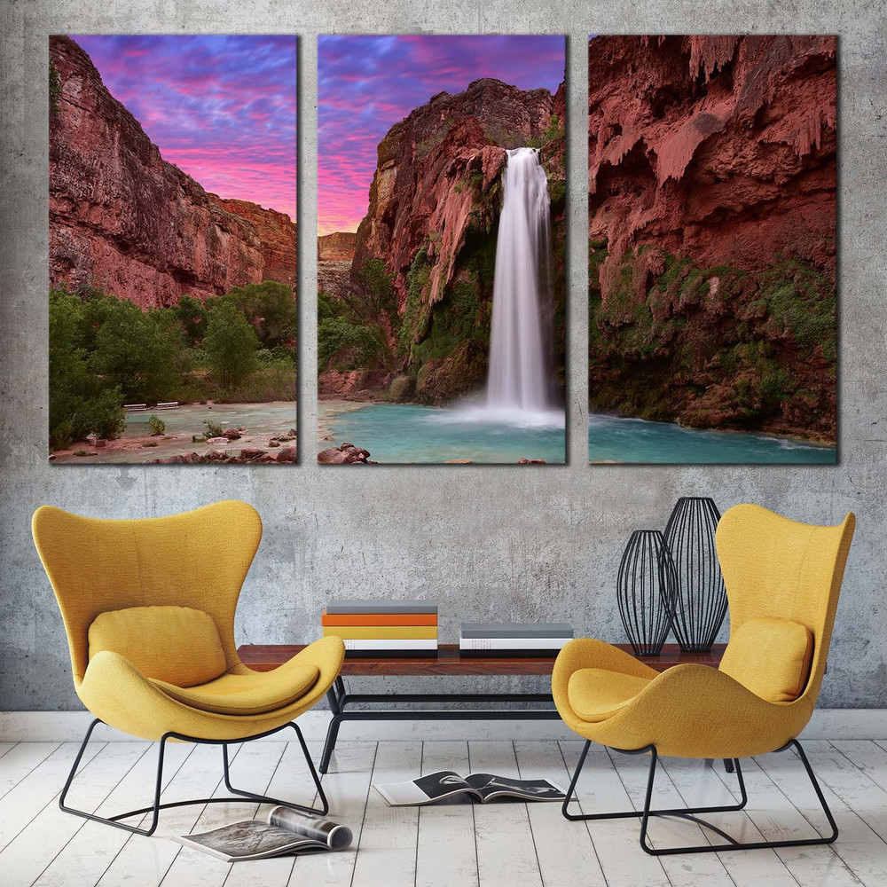 Arizona Waterfall Canvas Wall Art, Green Trees Grand Canyon Waterfall 3 Piece Canvas Set, Mountain Havasu Falls Canvas