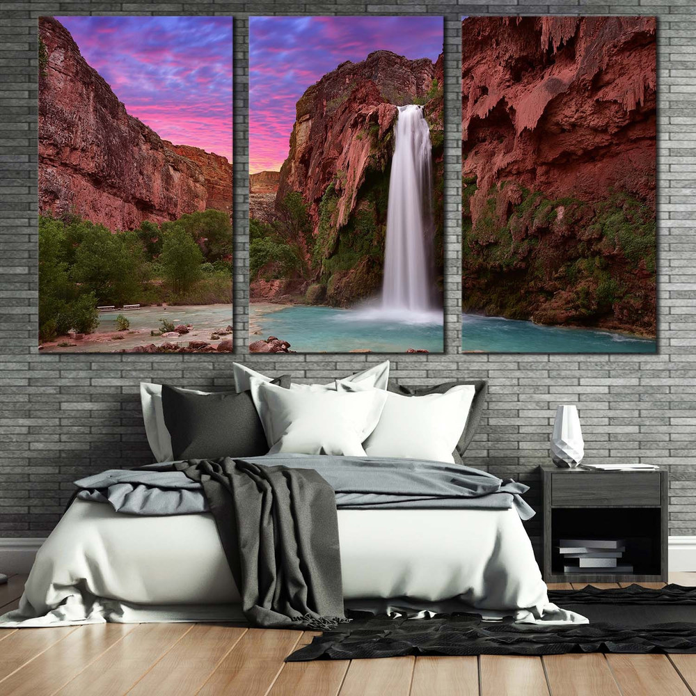 Arizona Waterfall Canvas Wall Art, Green Trees Grand Canyon Waterfall 3 Piece Canvas Set, Mountain Havasu Falls Canvas