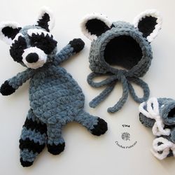 HANDMADE Raccoon Bonnet, Booties and Toy Set | Newborn Photo Prop | Baby Shower Gift | Crochet Animal