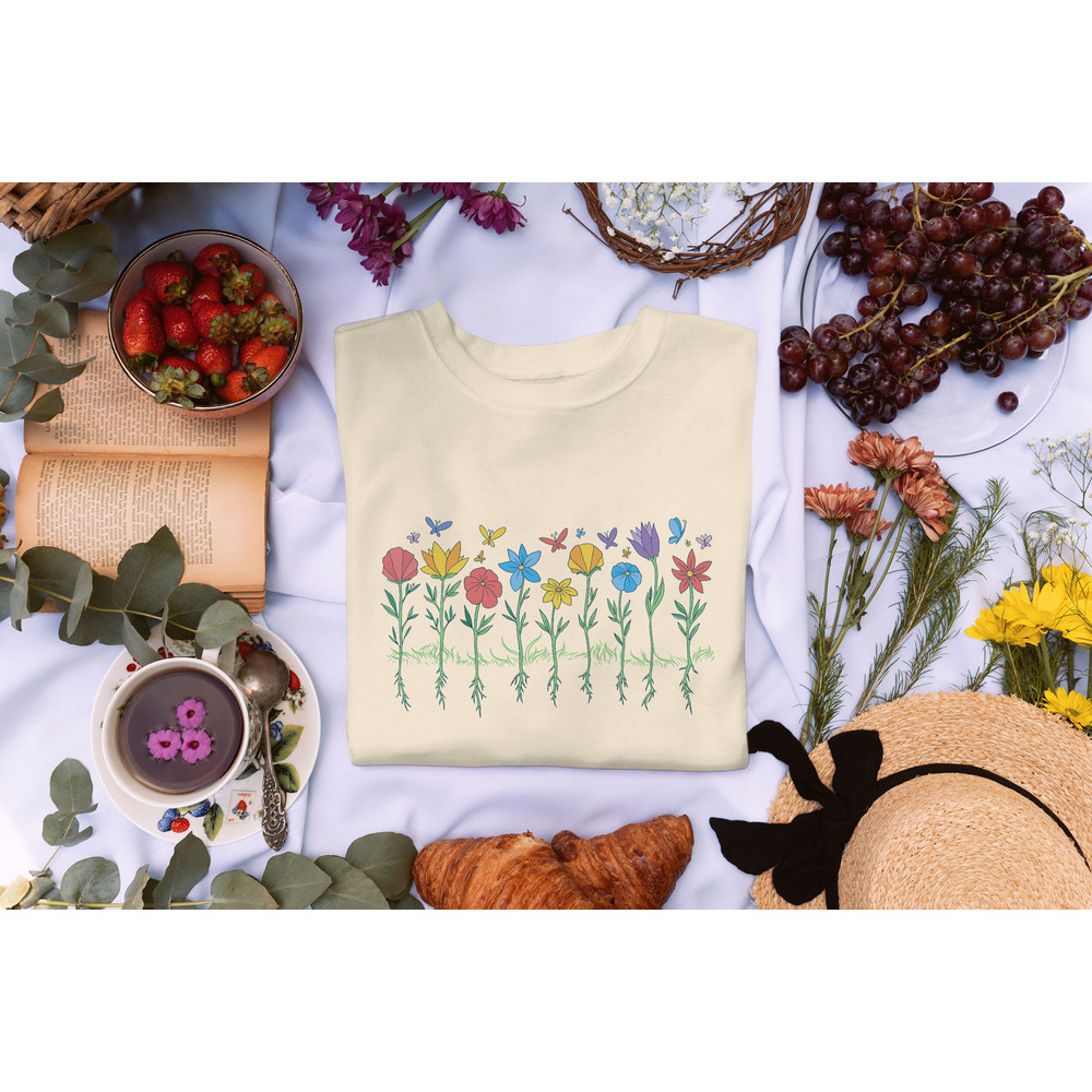 Womens Flower Shirt, Floral Graphic Tee, Wild Flower Shirt with Butterflies, Floral Shirt - 1.jpg