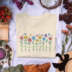 Womens Flower Shirt, Floral Graphic Tee, Wild Flower Shirt with Butterflies, Floral Shirt