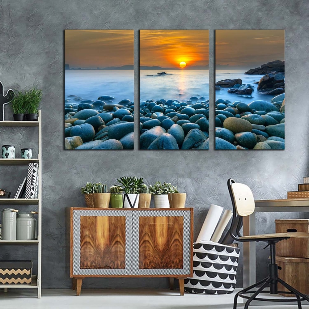 Beautiful Sunrise Canvas Print, Vietnam Orange Ocean Sky 3 Piece Canvas Wall Art, Quy Nhon Bay Stony Beach Canvas Set