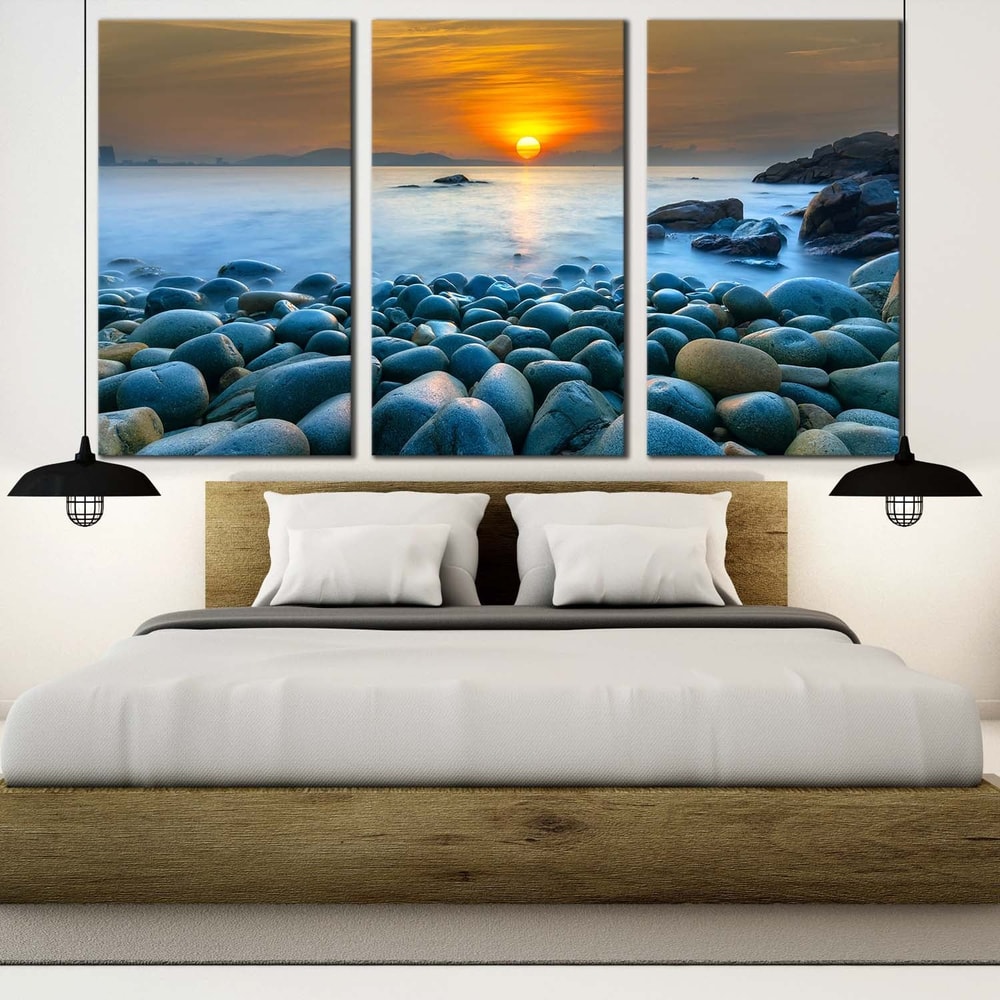 Beautiful Sunrise Canvas Print, Vietnam Orange Ocean Sky 3 Piece Canvas Wall Art, Quy Nhon Bay Stony Beach Canvas Set