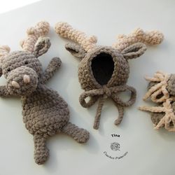 HANDMADE Moose Bonnet, Booties and Toy Set | Newborn Deer Photo Prop | Baby Shower Gift | Crochet Animal