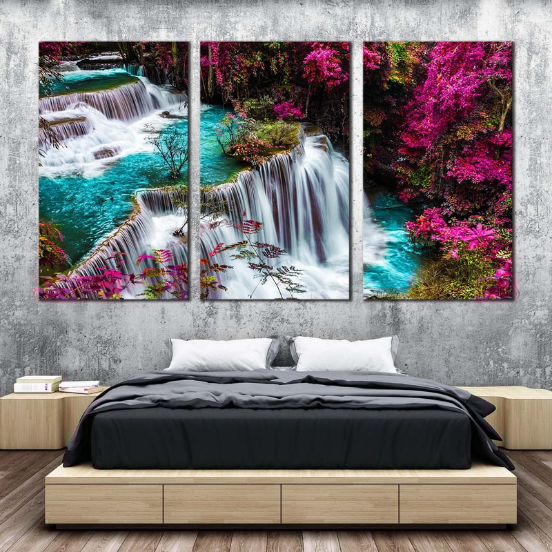 Beautiful Waterfall Canvas Wall Art, Kanchanabur Colorful Scenery Waterfall 3 Piece Canvas, Thailand Huai Mae Khamin