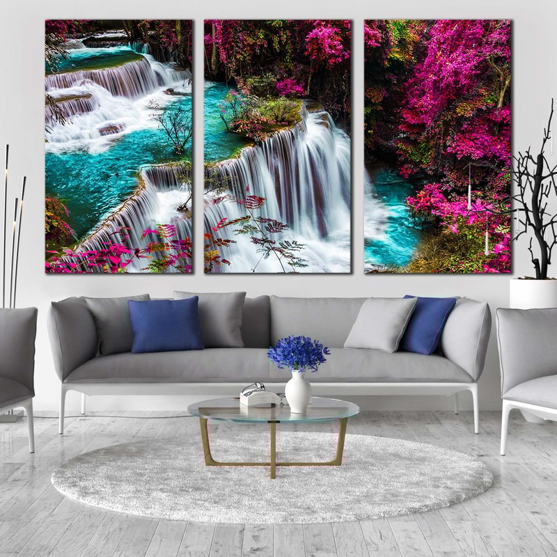 Beautiful Waterfall Canvas Wall Art, Kanchanabur Colorful Scenery Waterfall 3 Piece Canvas, Thailand Huai Mae Khamin