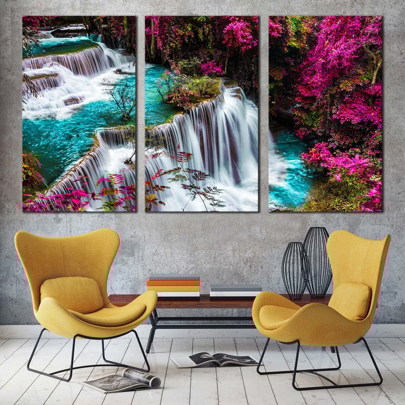Beautiful Waterfall Canvas Wall Art, Kanchanabur Colorful Scenery Waterfall 3 Piece Canvas, Thailand Huai Mae Khamin