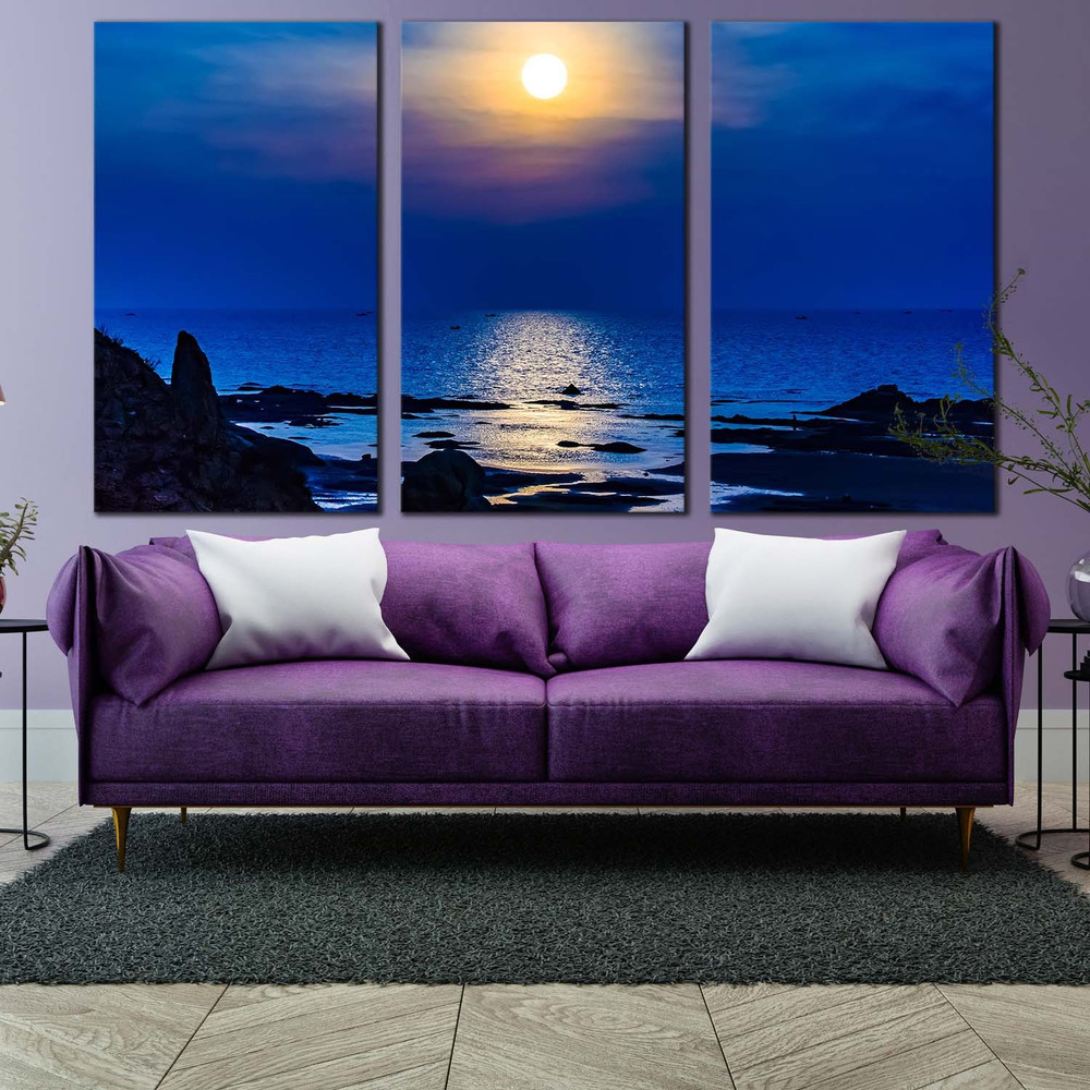 Beautiful Ocean Canvas Wall Art, Yellow Sunset Ocean Beach Canvas Set, Blue Sky Ocean 3 Piece Canvas Print