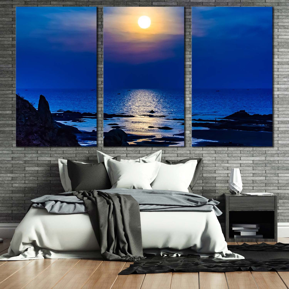 Beautiful Ocean Canvas Wall Art, Yellow Sunset Ocean Beach Canvas Set, Blue Sky Ocean 3 Piece Canvas Print