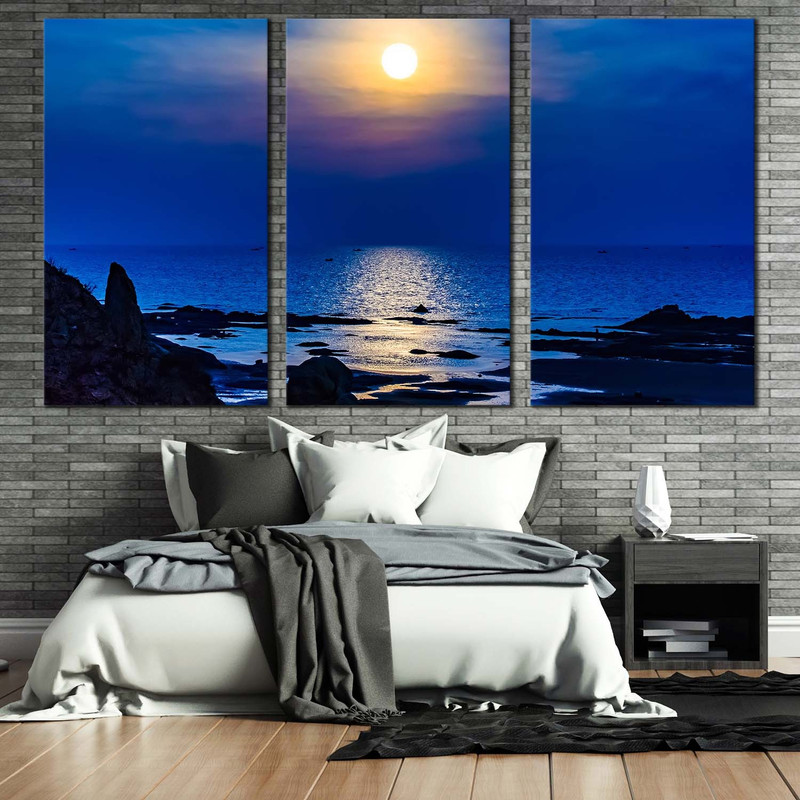 Beautiful Ocean Canvas Wall Art, Yellow Sunset Ocean Beach Canvas Set, Blue Sky Ocean 3 Piece Canvas Print