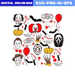 halloween horror character doodle collage svg, horror character svg, pumpkin svg, halloween svg, png dxf eps file