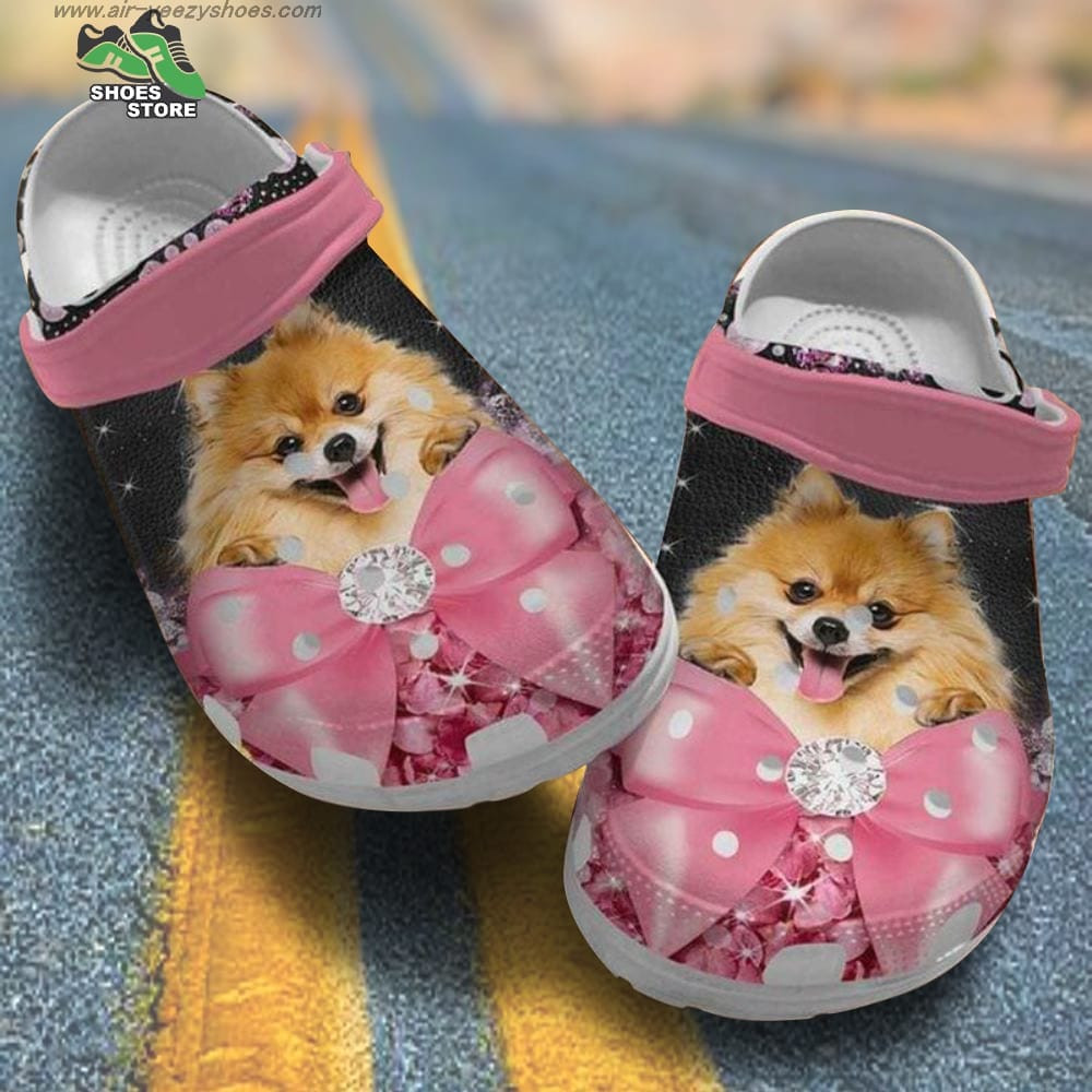 Pomeranian Puppy Pink Bow Diamond Pattern Crocs.jpg