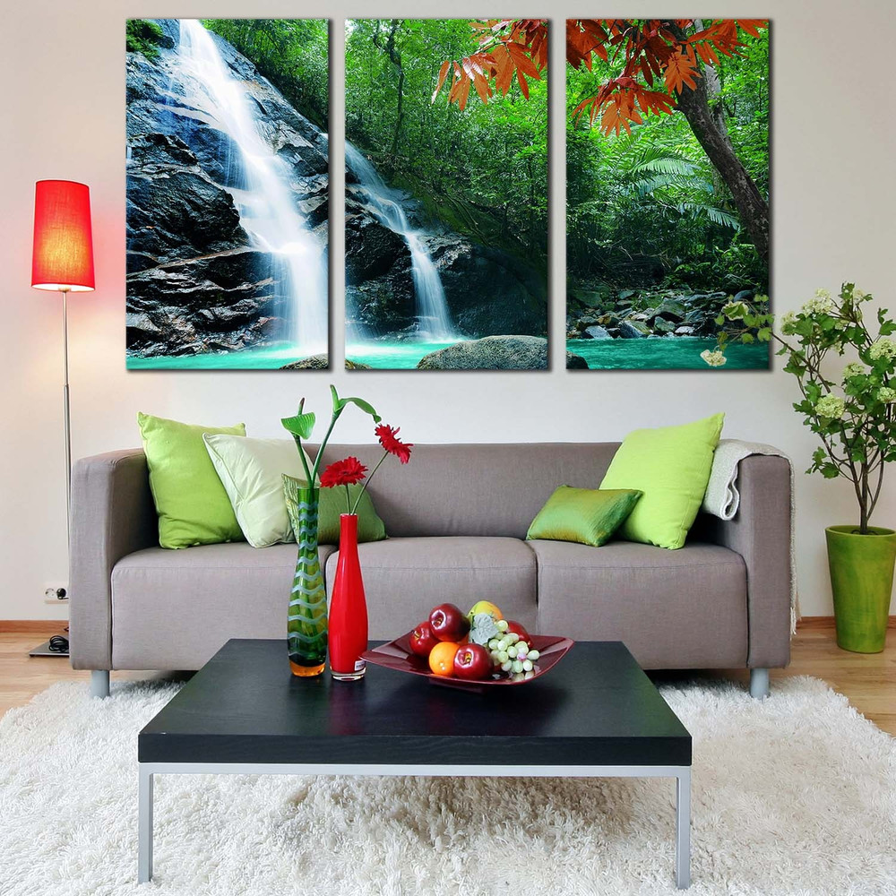 Beautiful Nature Canvas Wall Art, White Rainforest Waterfall 3 Piece Canvas Print, Amazing Green Tropical Forest Canvas