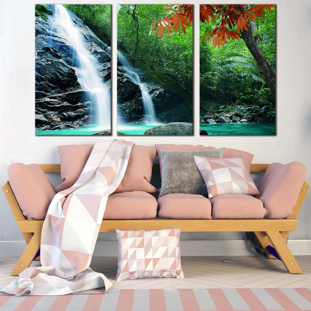Beautiful Nature Canvas Wall Art, White Rainforest Waterfall 3 Piece Canvas Print, Amazing Green Tropical Forest Canvas