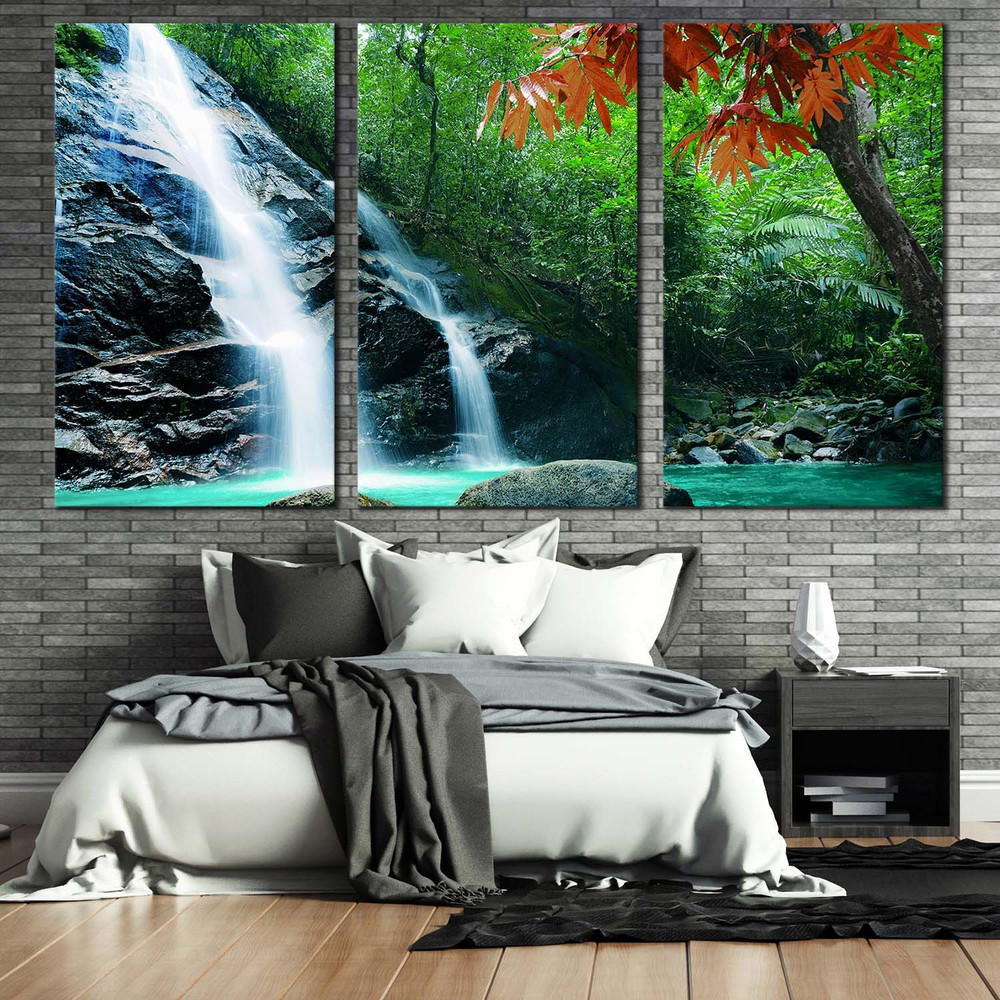 Beautiful Nature Canvas Wall Art, White Rainforest Waterfall 3 Piece Canvas Print, Amazing Green Tropical Forest Canvas