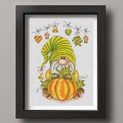autumn gnome cross stitch pattern pdf, gnome with pumpkin, fall gnome, fall cross stitch, pumpkin cross stitch