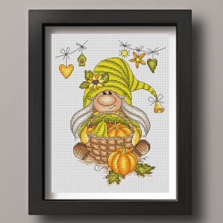 autumn girl gnome cross stitch pattern pdf, fall cross stitch, fall gnome, gnome with pumpkin, autumn cross stitch