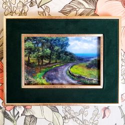 small cute original oil painting in a velvet frame landscape