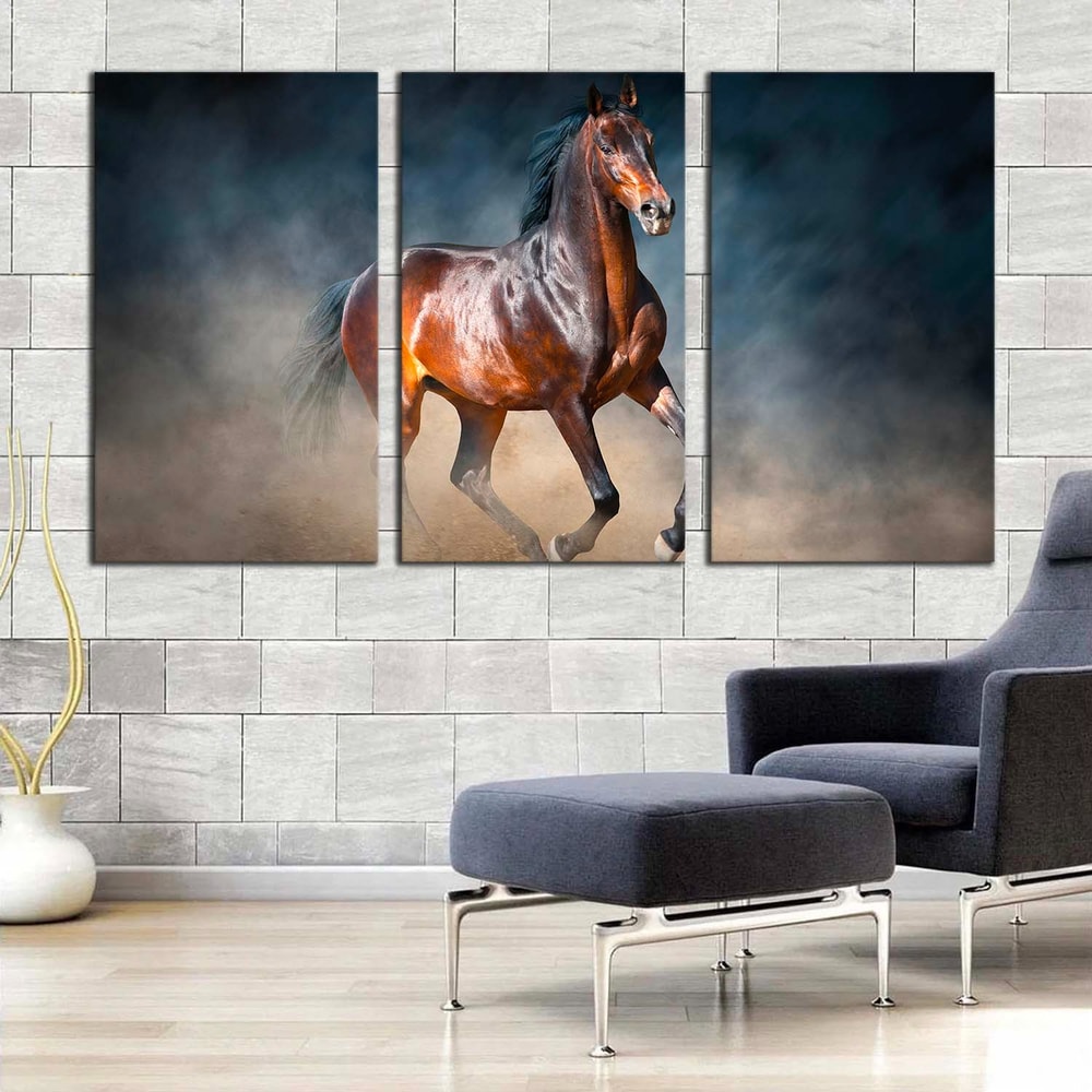 Classic Horse Canvas Wall Art, Chestnut Horse 3 Piece Canvas Print, Black Brown Horse Running Forward Triptych Canvas