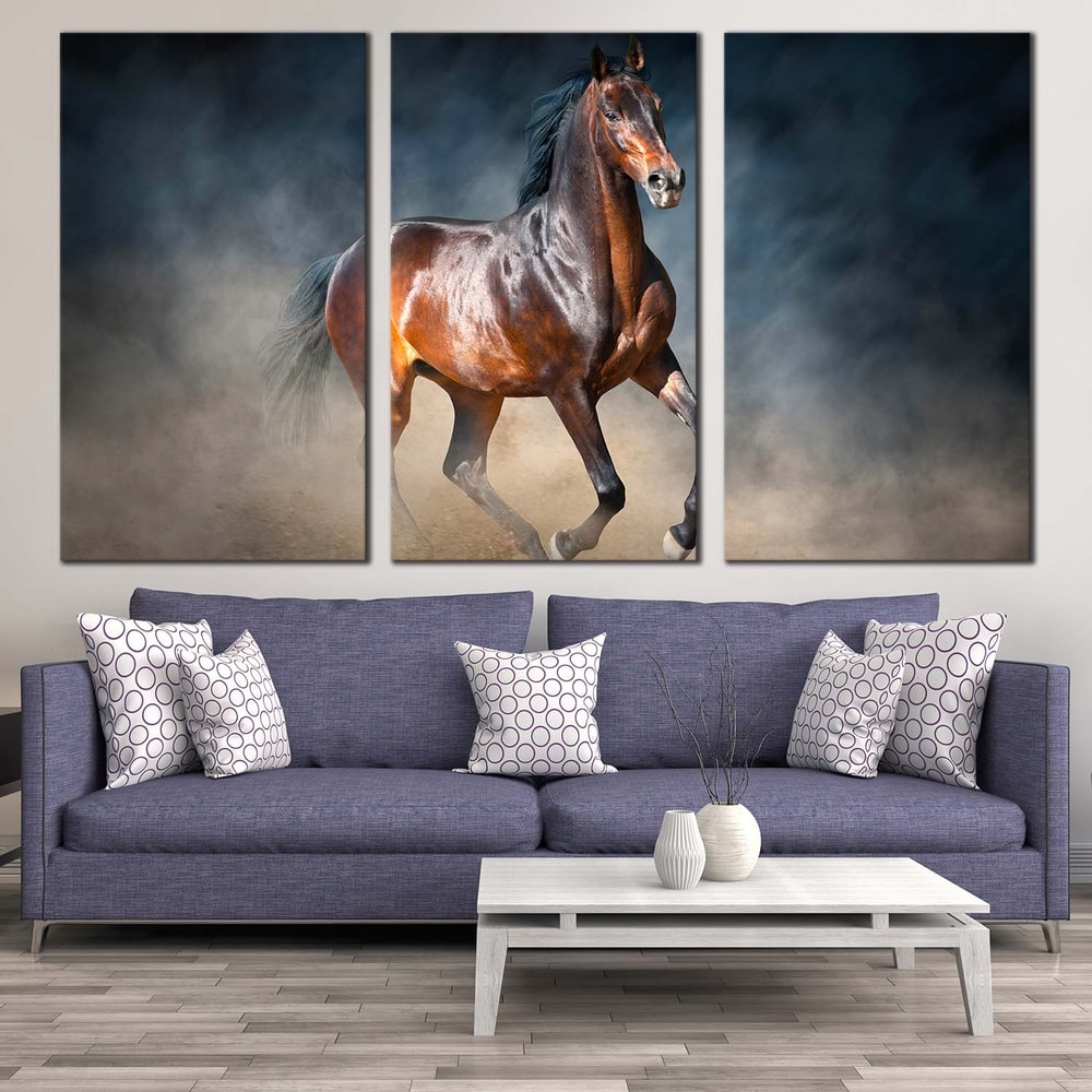 Classic Horse Canvas Wall Art, Chestnut Horse 3 Piece Canvas Print, Black Brown Horse Running Forward Triptych Canvas