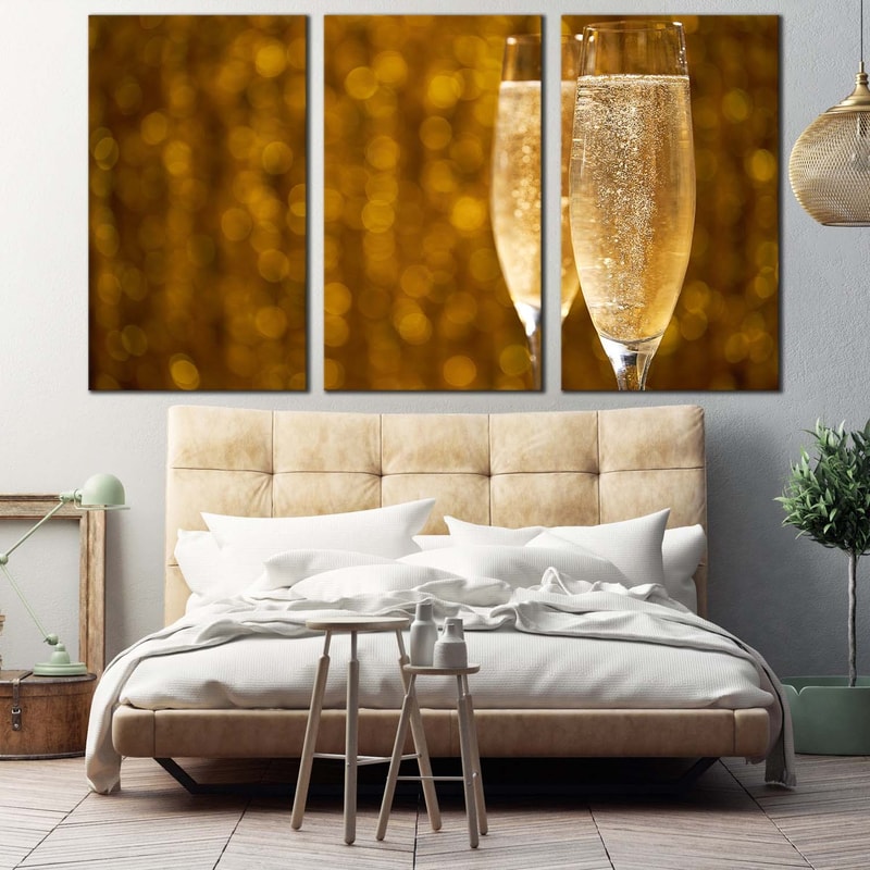 Champagne Night Canvas Wall Art, Yellow Sparkling Champagne 3 Piece Multiple Canvas, Champagne Glasses Triptych Canvas