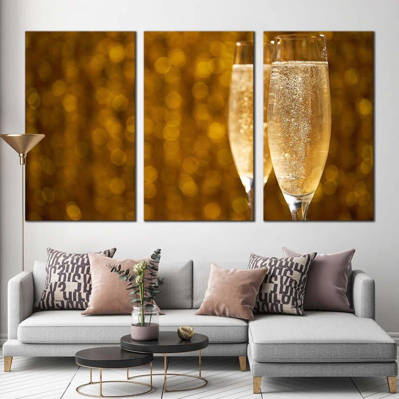 Champagne Night Canvas Wall Art, Yellow Sparkling Champagne 3 Piece Multiple Canvas, Champagne Glasses Triptych Canvas