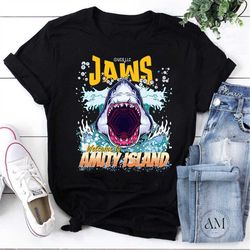 jaws fan art welcome to amity island quints shark fishing vintage t-shirt, jaws movie shirt, for jaws movies shirt, shar