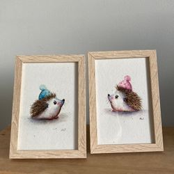 Original Watercolor Hedgehog Painting, Small Artwork, Cartoon Hedgehog Art, Baby Hedgehog Painting, Framed Hedgehog Art