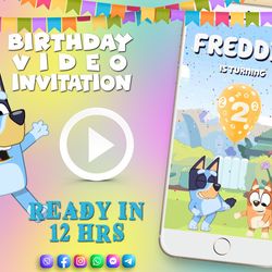 bluey birthday video invitation for boy or girl, animated kid's birthday party invite