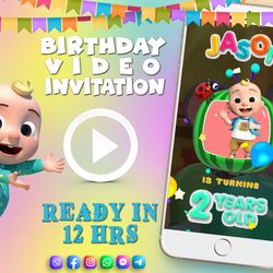 Cocomelon birthday video invitation for boy or girl, animated kid's birthday party invite