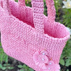 Pink bag, Crochet tote bag with earrings Bag handmade Tote bag crochet